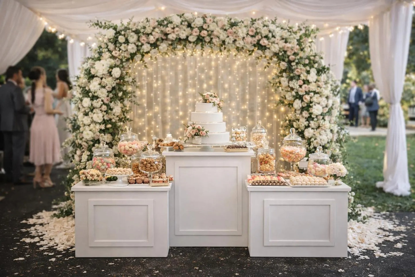 3 Piece Candy Bar Table Set – Folding Cube Tables – 35.4” x 35.4” Center Table + 27.6” x 23.6” Side Tables – Dessert Table for Weddings
