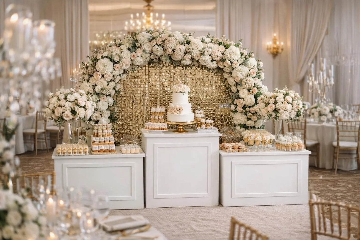 3 Piece Candy Bar Table Set – Folding Cube Tables – 35.4” x 35.4” Center Table + 27.6” x 23.6” Side Tables – Dessert Table for Weddings