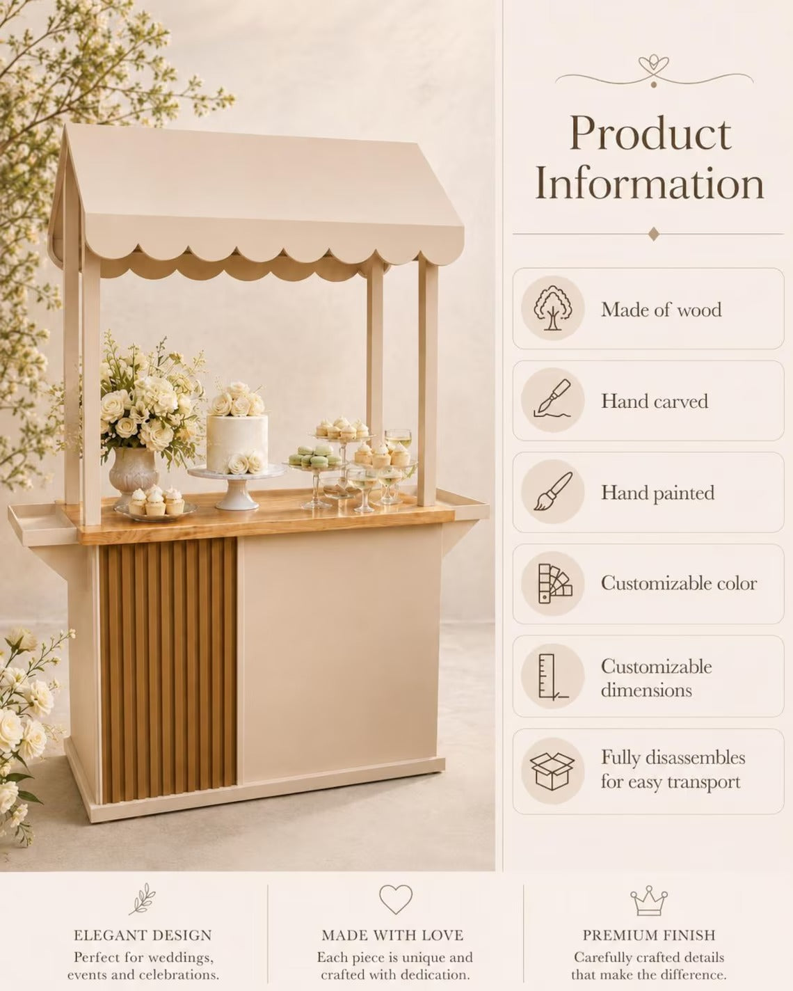 Custom Wooden Event Cart – Portable Coffee Bar, Wedding Candy Cart & Pop-Up Business Kiosk