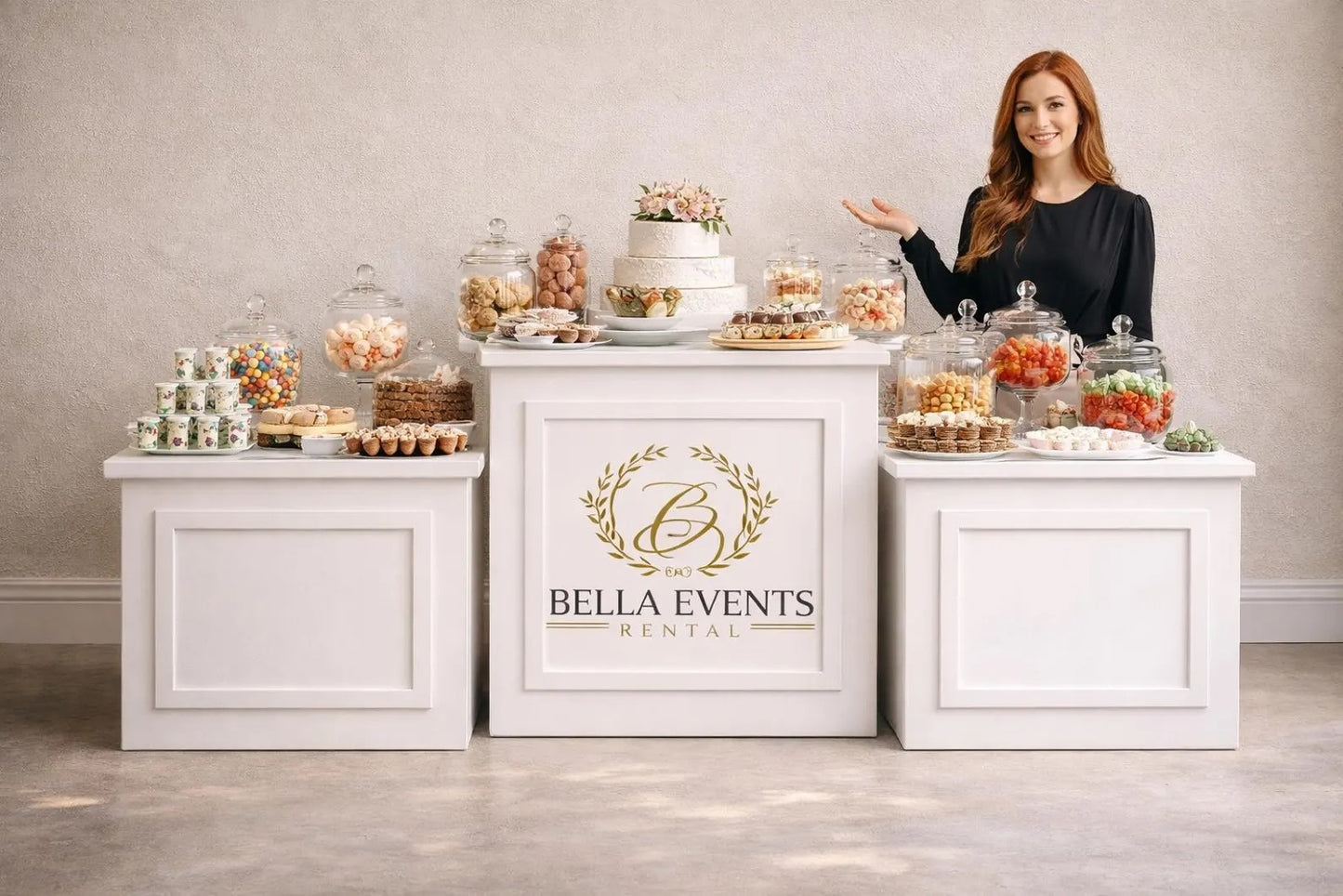 3 Piece Candy Bar Table Set – Folding Cube Tables – 35.4” x 35.4” Center Table + 27.6” x 23.6” Side Tables – Dessert Table for Weddings